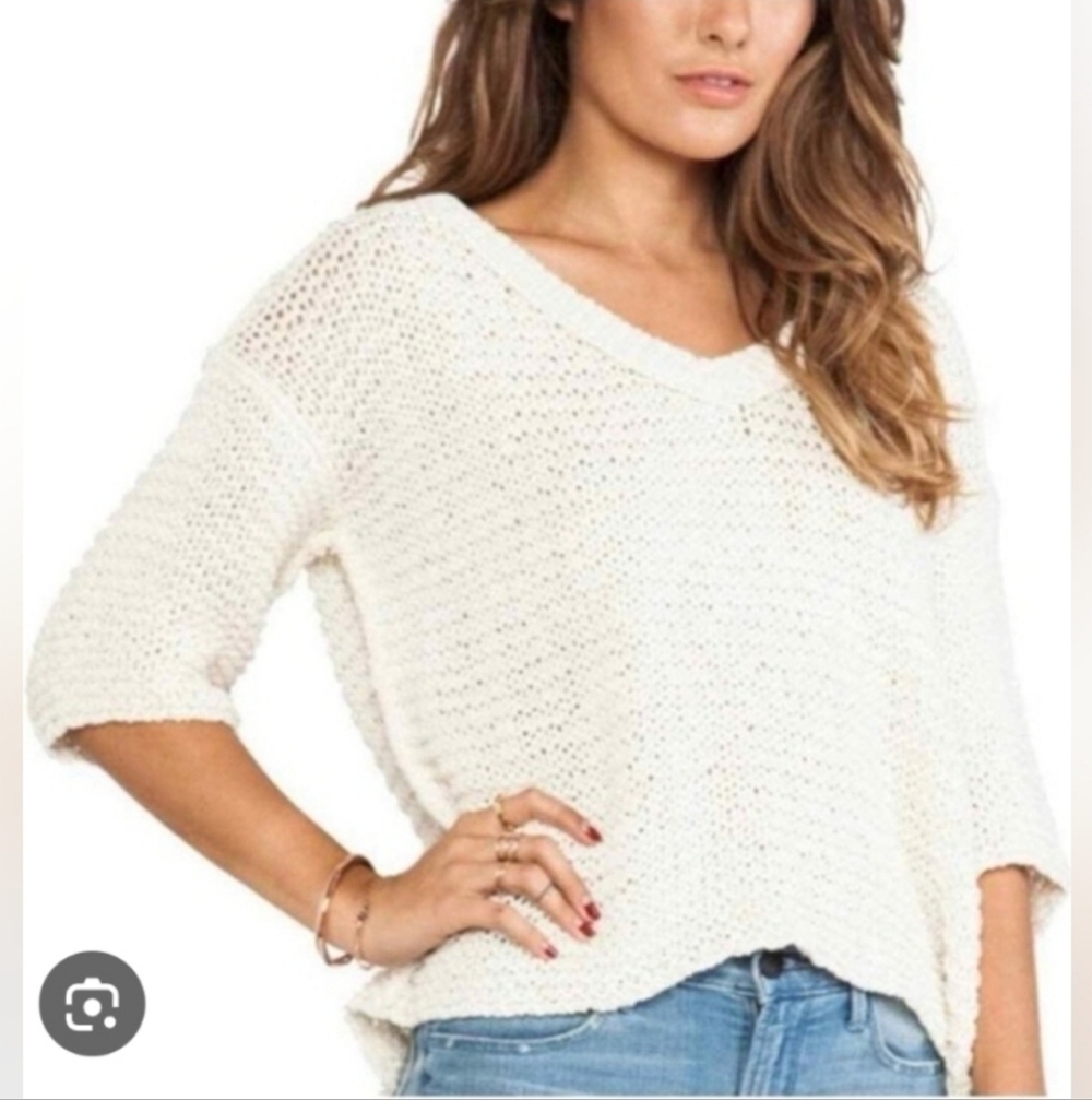 Free People Oversized Chunky White V-neck Cotton Sweater Size XS